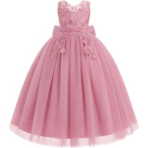 IDOPIP Flower Girl Lace Dress for Kids Wedding Bridesmaid Pageant Party Formal Long Gown Princess Communion Tulle Bow Dresses (11-12 Years, Dusty Pink)