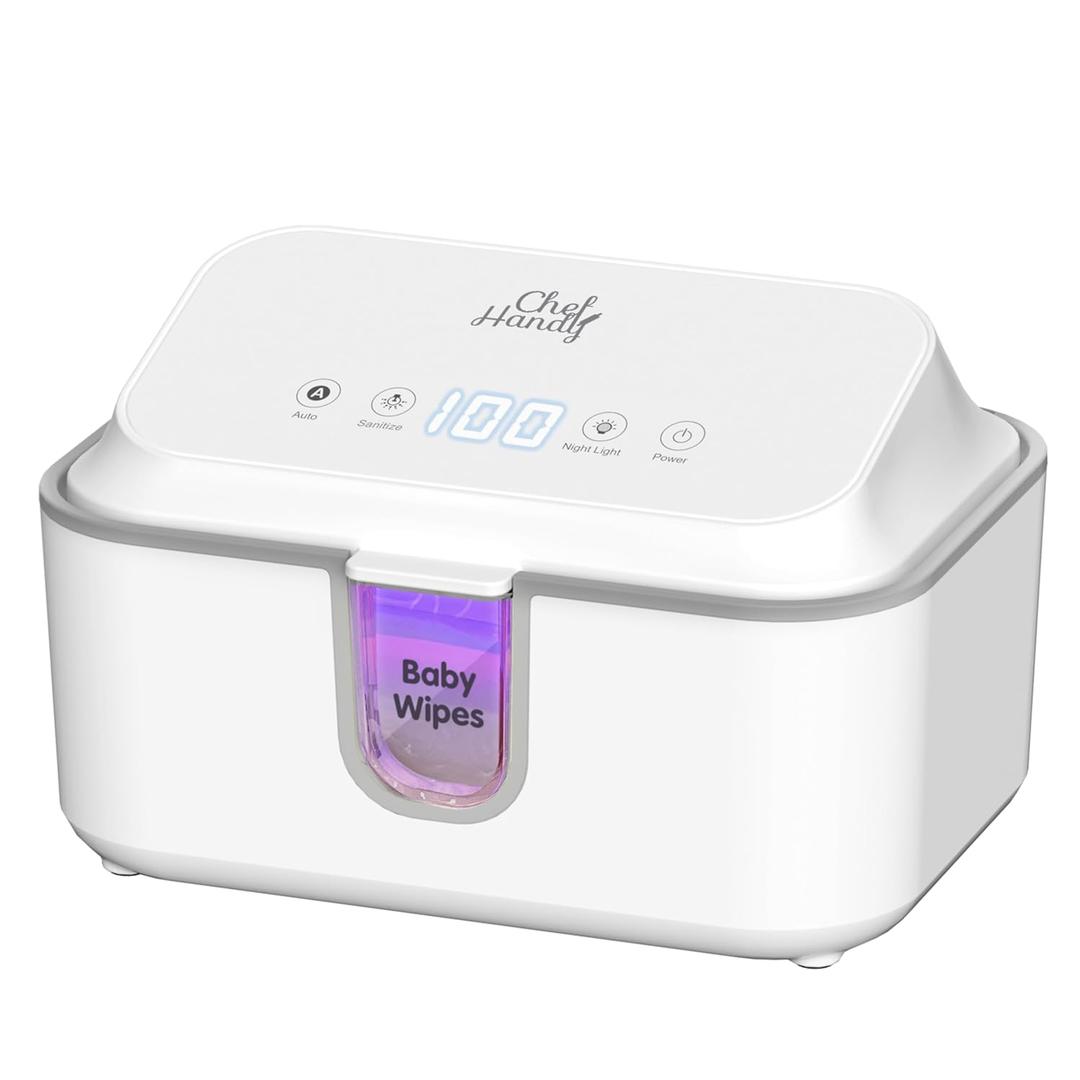 Chefhandy Wipe Warmer with UV Sanitizer for Babies & Adults, Adjustable Temperature, Quiet Heating, Night Light, Large Warm Wipe Holder (White)
