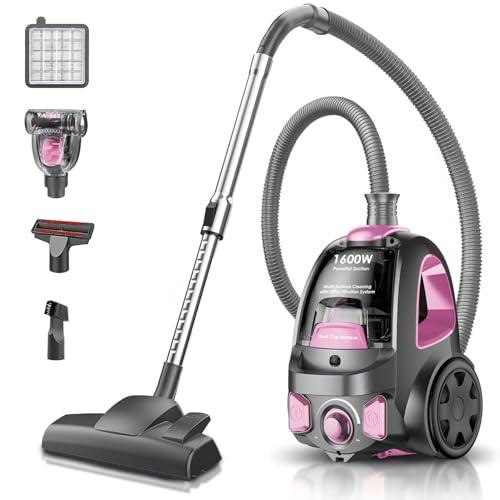 PKUYIE Canister Vacuum Cleaner, 40Kpa 1600W Cyclon Power Bagless Canister Vacuum Cleaners for Home, 3.7QT Large Dust Cup, Lightweight Vac for Hard Floors, Carpets, Pet Hair, Pink