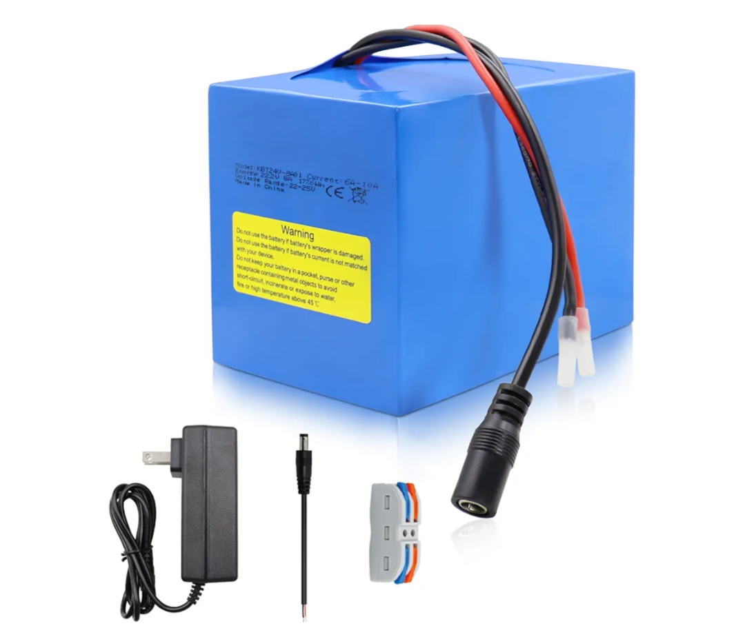KBT 24V 8Ah Rechargeable Lithium Battery with Charger, Charging Cable, Cable Connector