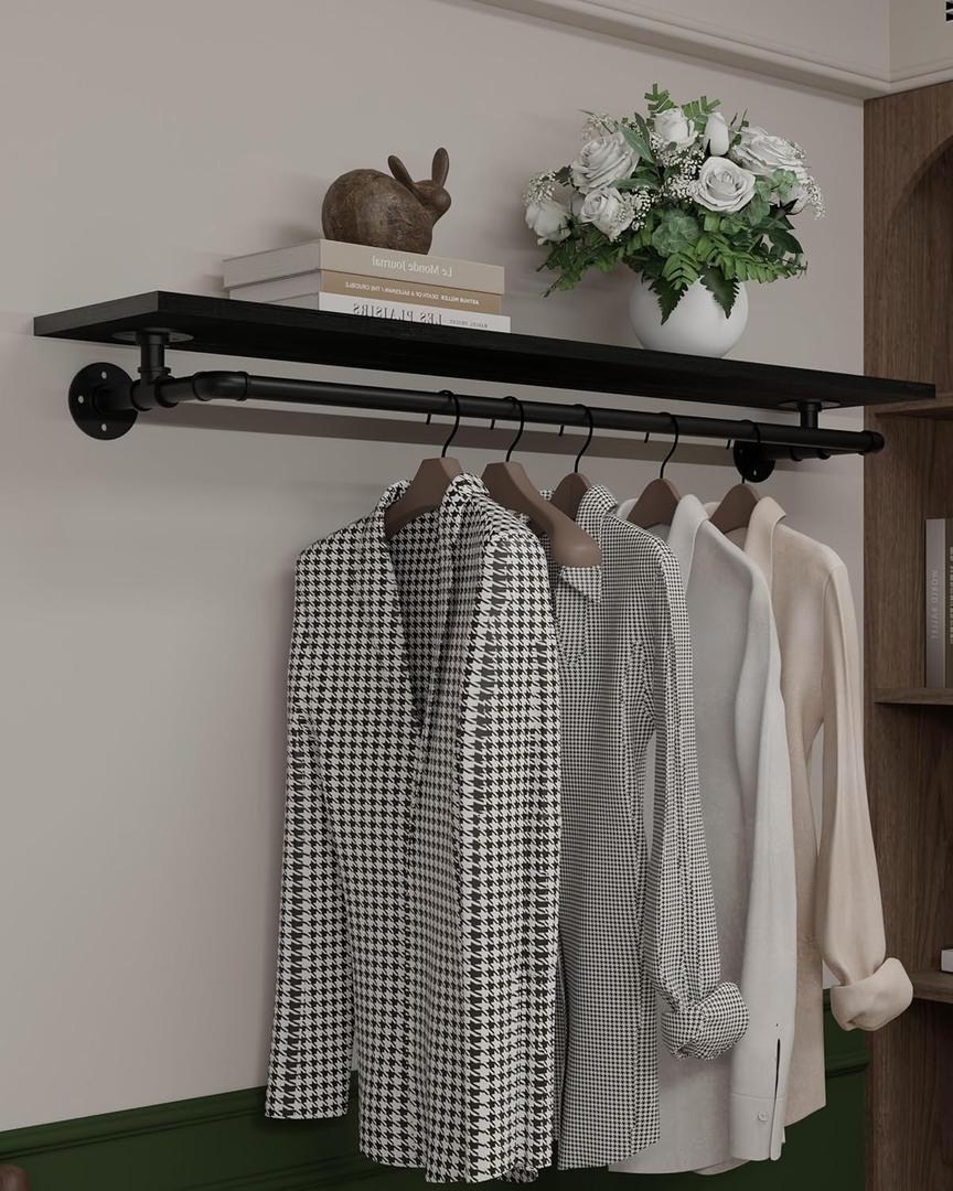 Black Clothes Rack 48in, Wall Mounted Garment Rack with Real Wood Shelf, Heavy Duty Hanging Clothes Rack, Multi-Purpose Hanging Rod, Space-Saving Closet Storage