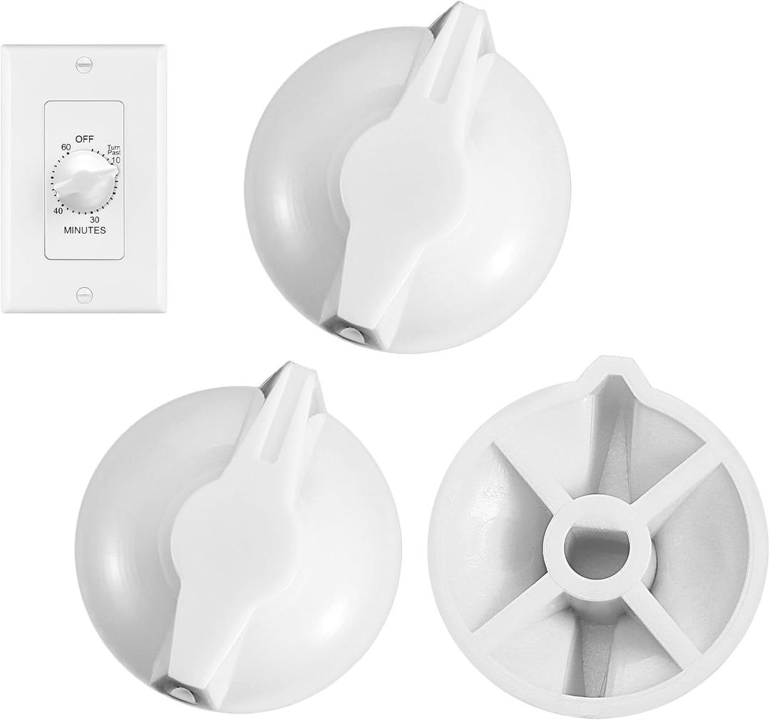 3 Pack Timer Switch Knob Replacement, Timer Knob Replacement Compatible with Intermatic, FD Series Spring Wound Timers for Wall Bathroom Fan Motor Heater Light Timers Switch, White