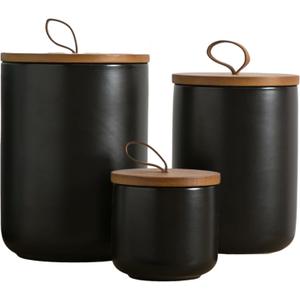 Canister Sets for Kitchen, Black Ceramic Kitchen Canisters for Countertop with Airtight Wood Lids, Large Flour and Sugar Containers for Coffee, Tea, Spice (Set of 3)