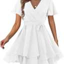 Amoretu Women's 2024 Summer Wrap Dress Short Sleeve Casual V Neck Ruffle Mini Dresses (Large, All White)