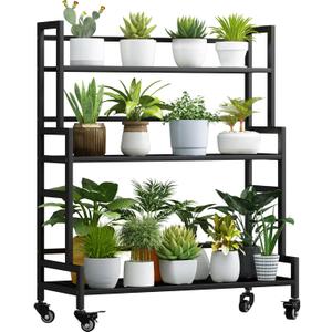 Plant Stand Indoor 3 Tier Metal Outdoor Tiered Stands Shelf With wheel for Multiple Plants Potted Ladder Plant Holder Table Plant Pot Stand for Window Garden Balcony Living Room (3 Tier-Black)