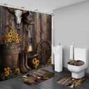 4Pcs Brown Cowboy Shower Curtain Rustic Theme Western Bathroom Set with Non-Slip Rugs, Rustic Farmhouse Shower Curtain with Sunflower and Barn Design, Washable Fabric, 12 Plastic Hooks