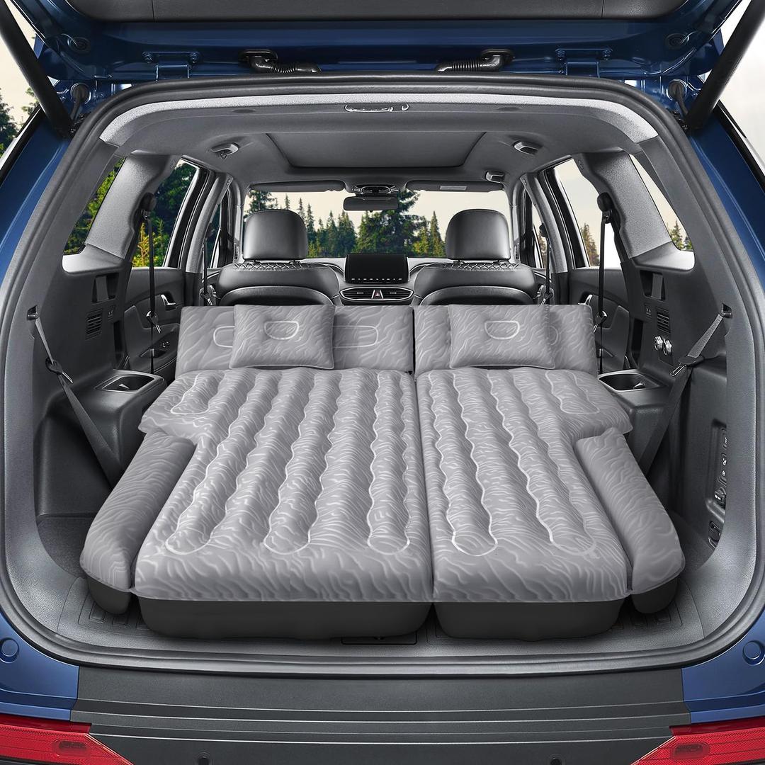 Inflatable SUV Air Mattress Bed Car Mattress for SUV, Double-Sided Flocking Travel Camping Bed Car Air Mattress, Car Sleeping Mattress Bed for Universal SUV with Car Air Pump 2 Pillows (Grey)