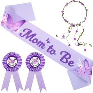 Chunful Butterfly Theme Mom to Be Sash Baby Shower Dad to Be Pin and Flower Crown Headband for Gender Reveals Party Baby Shower Party Favors Decorations for Girls Pregnancy Photo Props GiftsPurple