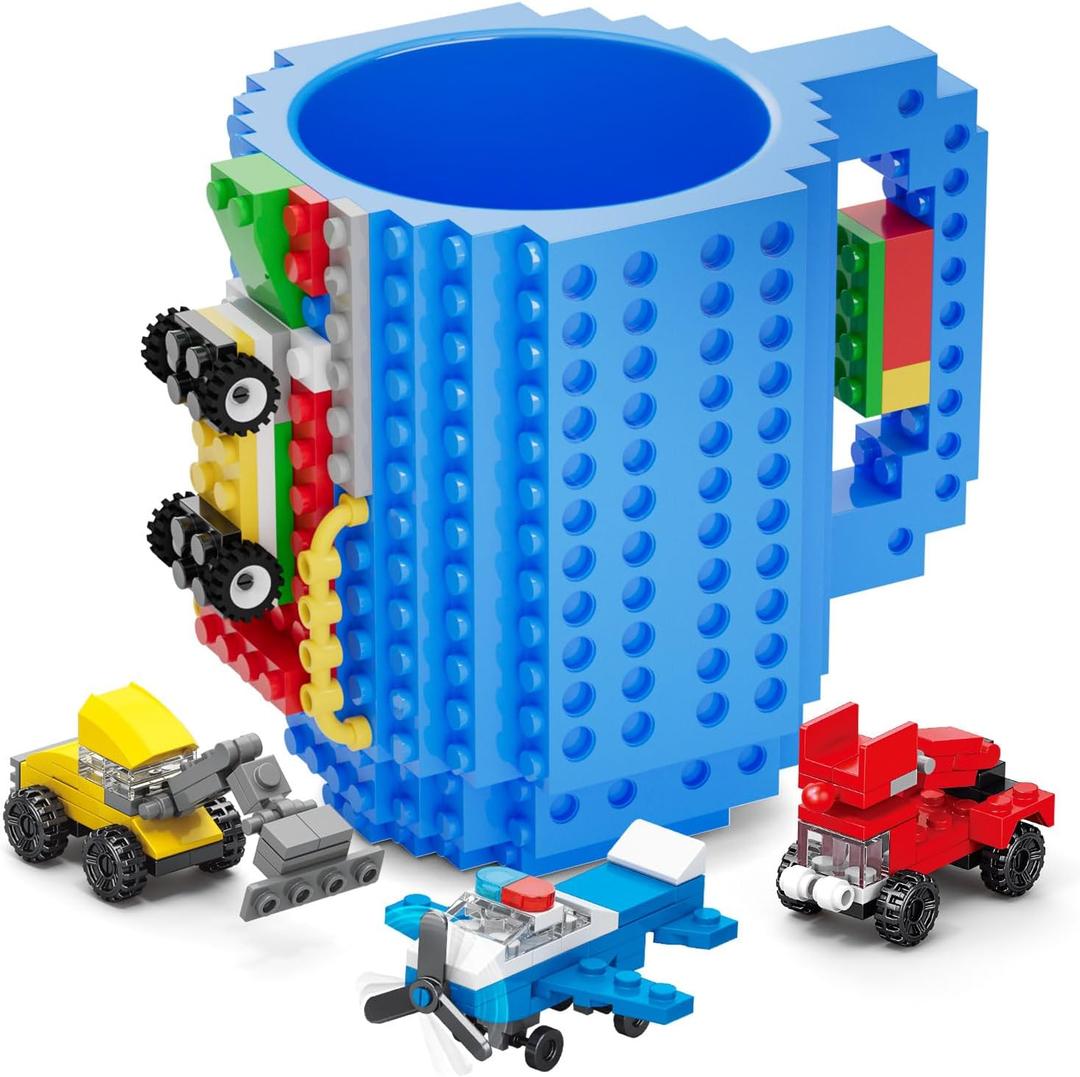 DAYMOO Build-on Brick Mug Set with 3 Random Packs of 2-in-1 Bricks, Cool Coffee Mugs for Kids, Creative Novelty Funny Coffee Mug Cup Gift for Kids Men Dad Adults Women Xmas Christmas - Blue