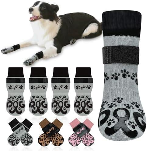 Anti Slip Dog Socks to Prevent Licking Paws - Double Side Paw Covers Dogs Grip Sock for Hardwood Floors, No Twist Dog Booties Grippy Socks for Small Medium Large Senior Dogs, Light Grey and Black, XXL