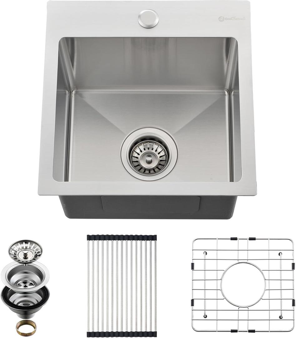 EcoChannels Drop In Kitchen Sink, 15 x 15 x 10 Inch 16 Gauge Single Bowl Topmount Wet Bar Sink T-304 Stainless Steel RV Kitchen Sinks