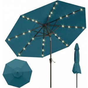10FT Solar Lighted Patio Umbrella, Outdoor Table Market Umbrellas with Push Button Tilt and Crank, 32 LED Lights, 8 Sturdy Ribs, UV-Resistant for Deck, Garden, Pool