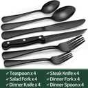 EWFEN 24-Piece Black Silverware Set with Steak Knives, Black Flatware Set for 4, Food-Grade Stainless Steel Tableware Cutlery Set, Mirror Finished Utensil Sets for Home Restaurant, Round Edge