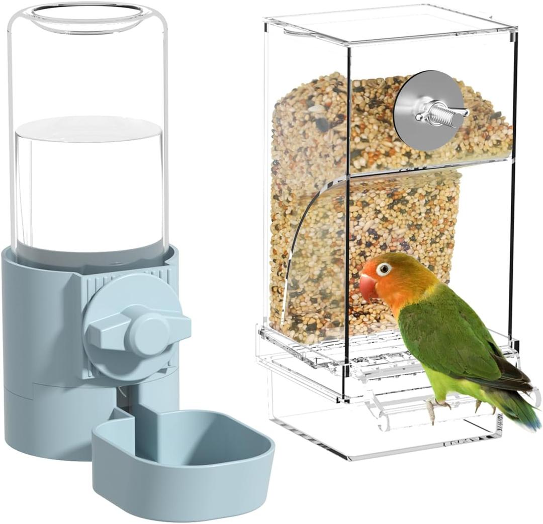 BAGHBPM No Mess Bird Feeder Water Dispenser Set, Automatic Parakeet Feeder Cage Accessories, Parrot Transparent Food Container Drinker for Cage, Canaries Budgies Lovebirds Cockatiels Finches (Blue)