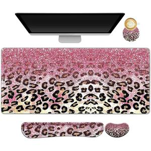ARTSO Extended Gaming Mouse Pad Set, Keyboard Wrist Rest Support Pad + Wrist Cushion + XXL Large Mouse Pad + Coaster, Stitched Edge, Non-Slip, Memory Foam Desk Mat, Pink Leopard Print
