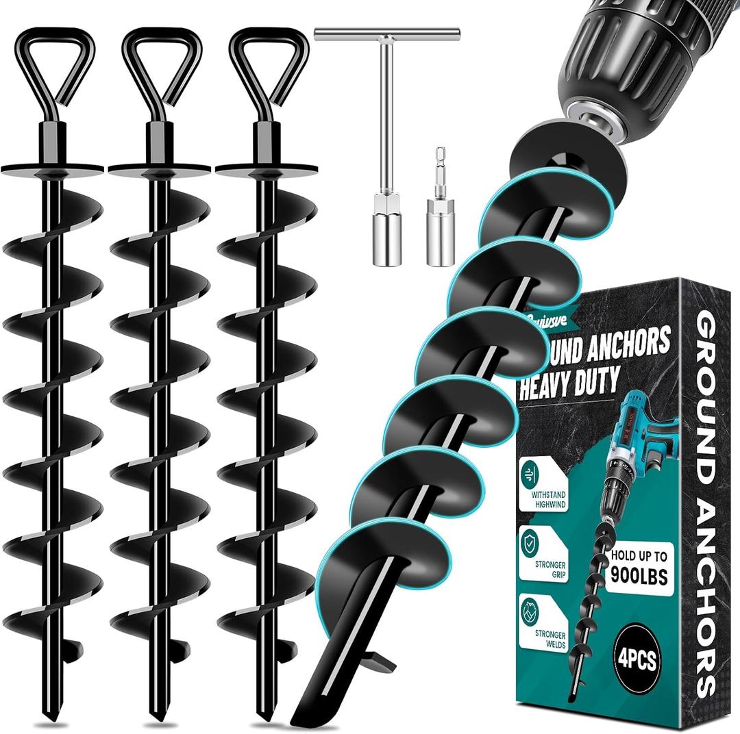 Ground Anchors Screw in, Heavy Duty Ground Trampoline Stakes High Wind Tent Stakes for Tent, Trampoline, Gazebo, Carport, Trap Anchor, Canopies, Swing Set