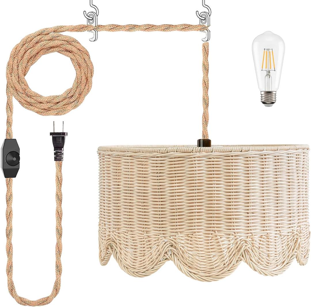 13" Plug in Scalloped Pendant Light, Rattan Hanging Lights with Plug in Cord 15FT Hemp Rope Cord, Dimmable Switch  Indoor Hanging Lamps for Boho Living Room Bedroom (Bulb Included)