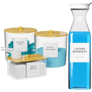3+1 Pack Laundry Pods Containers & Dryer Sheet Holder & Laundry Detergent Dispenser, Laundry Room Organization and Storage Jars with Lids, Labels and Scoops for Scent Booster, Powder, Pods (Wood)