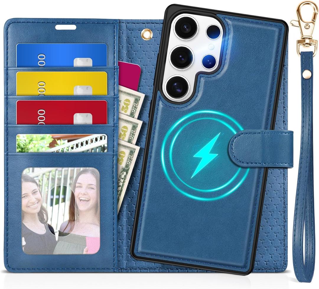TUCCH Case Wallet for Galaxy S25 Ultra, Removable [Wireless Charging] Wrist Strap PU Leather Magnetic Stand RFID Blocking 4 Card Slots Detachable Protective Folio for Galaxy S25 Ultra 6.9", Light Blue