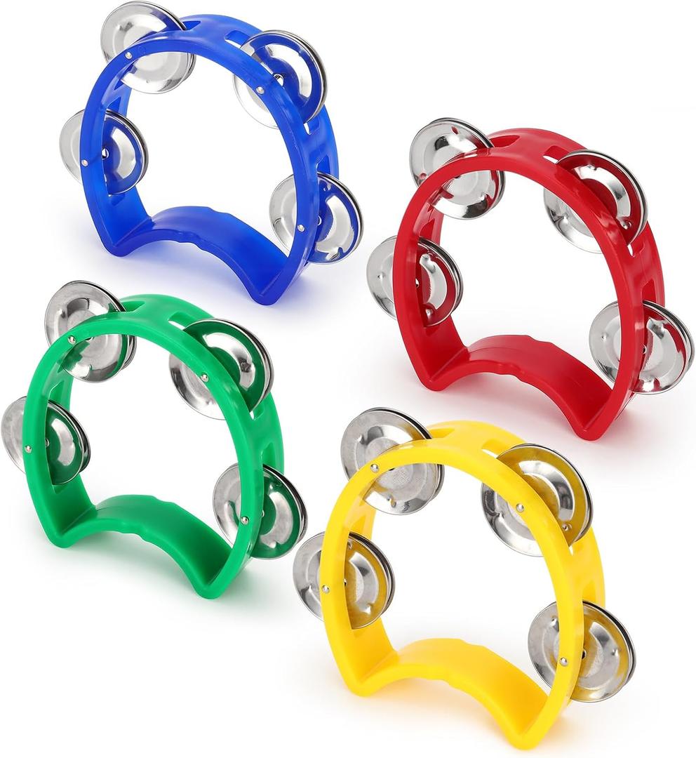 4 Pack Plastic Percussion Tambourines, Mini Hand Bell Percussion with 4 Jingle Bells, Hand-held Percussions Musical Instrument for Adults Kids School Birthday Party, 4 Color