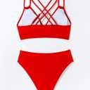 Fanuerg Women's Sexy V Neck Bikini Sets Hollow Out Two Piece Swimsuits Cutout Mid Waist Bathing Suit (Red, XS)