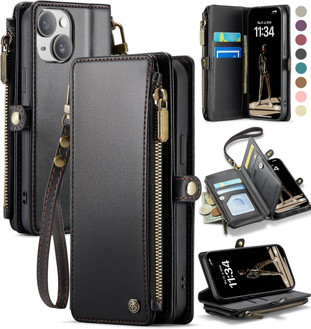 Defencase Compatible with iPhone 15 Case Wallet with RFID Blocking Card Holder for Women and Men, Fashion PU Leather Magnetic Snap Flip Zipper Strap Wallet Phone Case Fit for iPhone 15 6.1", Black