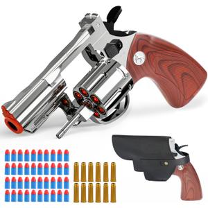 Revolver Toy Gun & Holster Set - EVA Foam Soft Bullets Play Sniper Pistol Cap Gun Western Cowboy Toys Gift Boys Small Hand Guns Rifle Blaster Kids Age 6 7 8 9 10 11 12 Silver&Realistic Wood Pattern