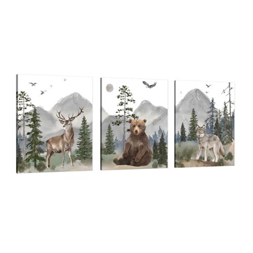 Woodland Nursery Animals Wall Art: 3 Piece Wildlife Wall Art for Kids Room Decor 20"x30",Elk Bear Wolf Pictures Forest Animal Prints Canvas Hanging Posters for Baby Boy Girl Nursery Wall Decor
