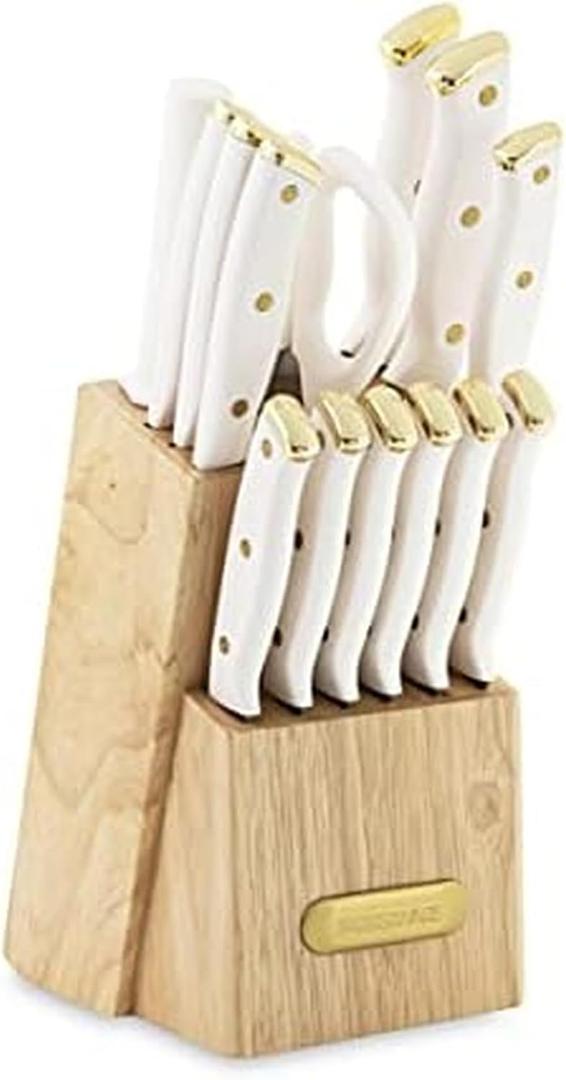 FARBERWARE 15-Piece Knife Block Set, Triple-Riveted High-Carbon Stainless Steel Kitchen Knives, Razor Sharp Blades, Wood Storage Block, White/gold