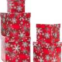 UNIQOOO 5PCS Christmas Nesting Gift Boxes with Lid, Xmas Nested Box Set, 5 Sizes, Square Stackable, Red White Snowflake Candy Cane Paper Box Tower Dcor, for Holiday Thanksgiving New Year Packaging