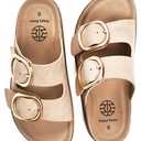 Women's Cork Sandals | Arch Support ,Fashion Slides with Oversized Metal Buckle ,Soft Microfiber Suede Upper ,Comfortable Sandals for Women - Size 10, Apricot