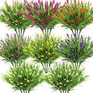 32 Bundles Realistic Artificial Flowers for Outdoors, UV Resistant Fake Lavender Flowers Monkey Grass Plastic Faux Plants Shrubs for Outside Garden Yard Porch Pots Window Box Hanging Planters Decor