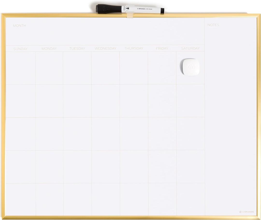 U Brands Magnetic Dry Erase Monthly Calendar Whiteboard 16" x 20", Gold Aluminum Frame, Wall Mounted Planner for Office, Home, and Classroom, Includes Marker and Magnet