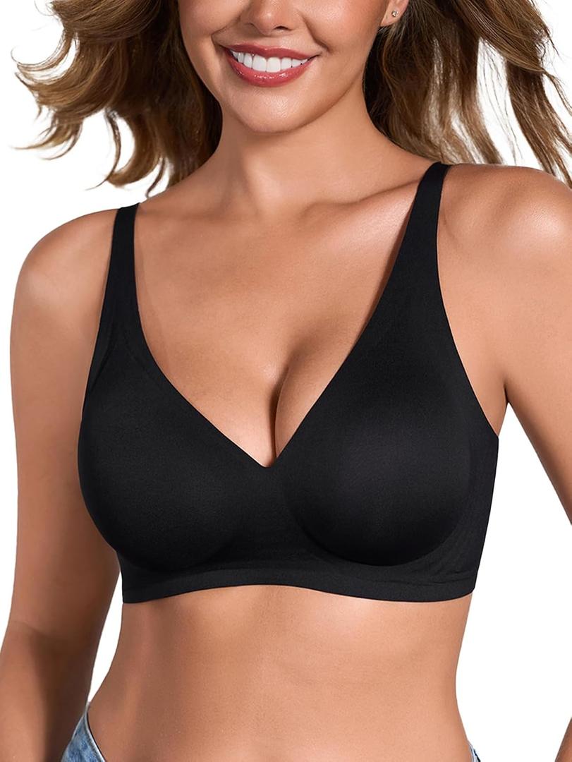 EYNMIN Sameless Wireless Bras for Women No Underwire V Neck Push Up Jelly Bra Supportive Full Coverage Comfortable Bra (Black, XL)