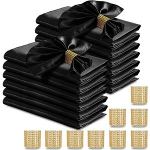RUDONG M 100 Pcs Black Satin Napkins and Napkin Rings Set, 17 x 17 Inch Square Cloth Napkins Set of 50, Silky Soft Table Napkins Bulk for Weddings, Banquet, Parties Dinner Decoration