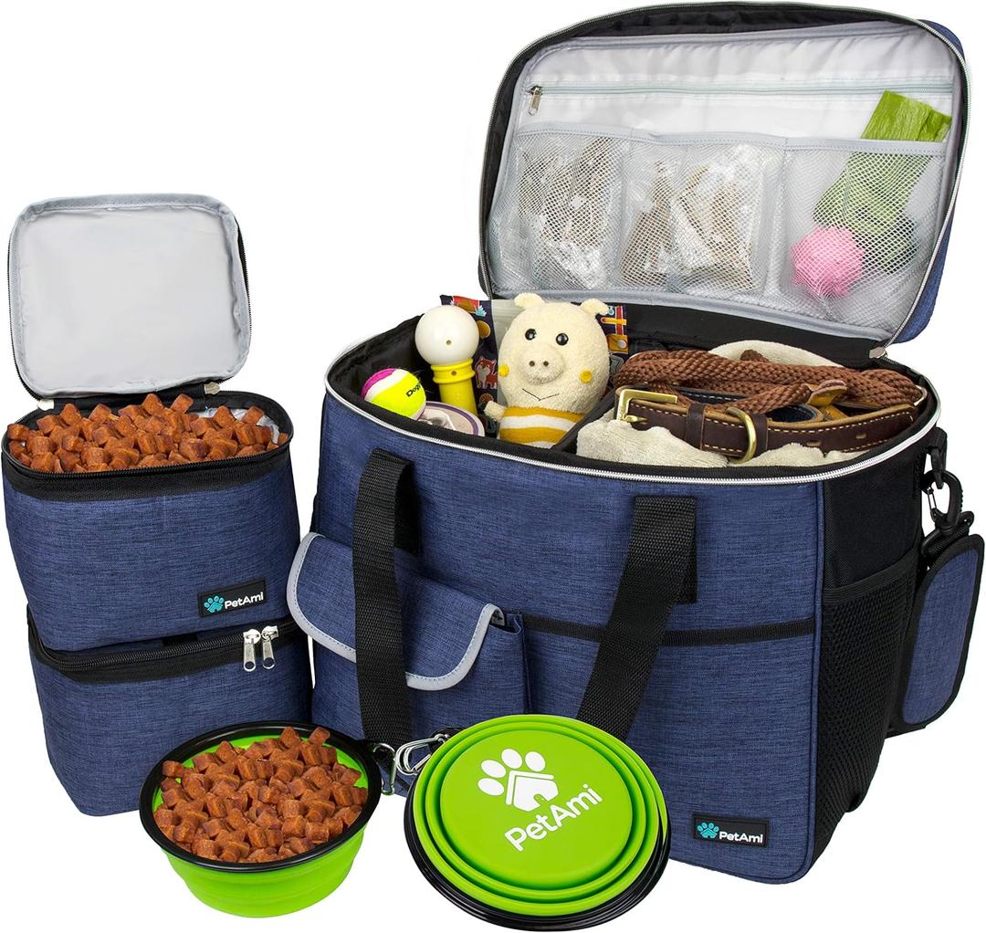 PetAmi Dog Travel Bag - Travel Pet Organizer with Food Container and Bowls, Perfect for Weekend Camping, Navy, Large (Large - 15.5"L x 9.5"W x 14.0"H)
