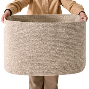 ICERZCZ Large Storage Basket for Organizing, Blanket Basket for Living Room, Large Toy Baskets for Storage, Woven Cotton Rope Baskets for Blankets, Clothes, Shoes, Brown, 25”x16”x16” (105L)