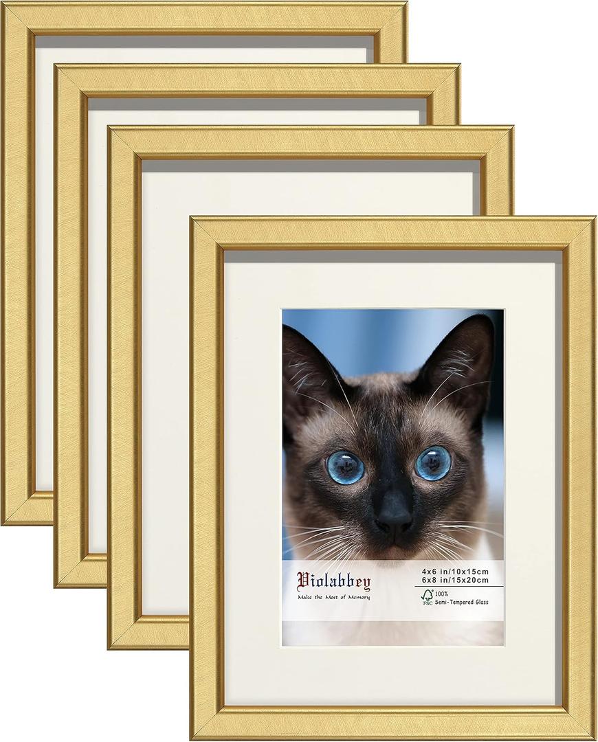 VIOLABBEY 6x8 Picture Frame Set of 4, Gold Photo Frame, Display 4x6 Photo with Mat and 6x8 without Mat, Wall or Tabletop, HD Real Glass (Brush Gold)