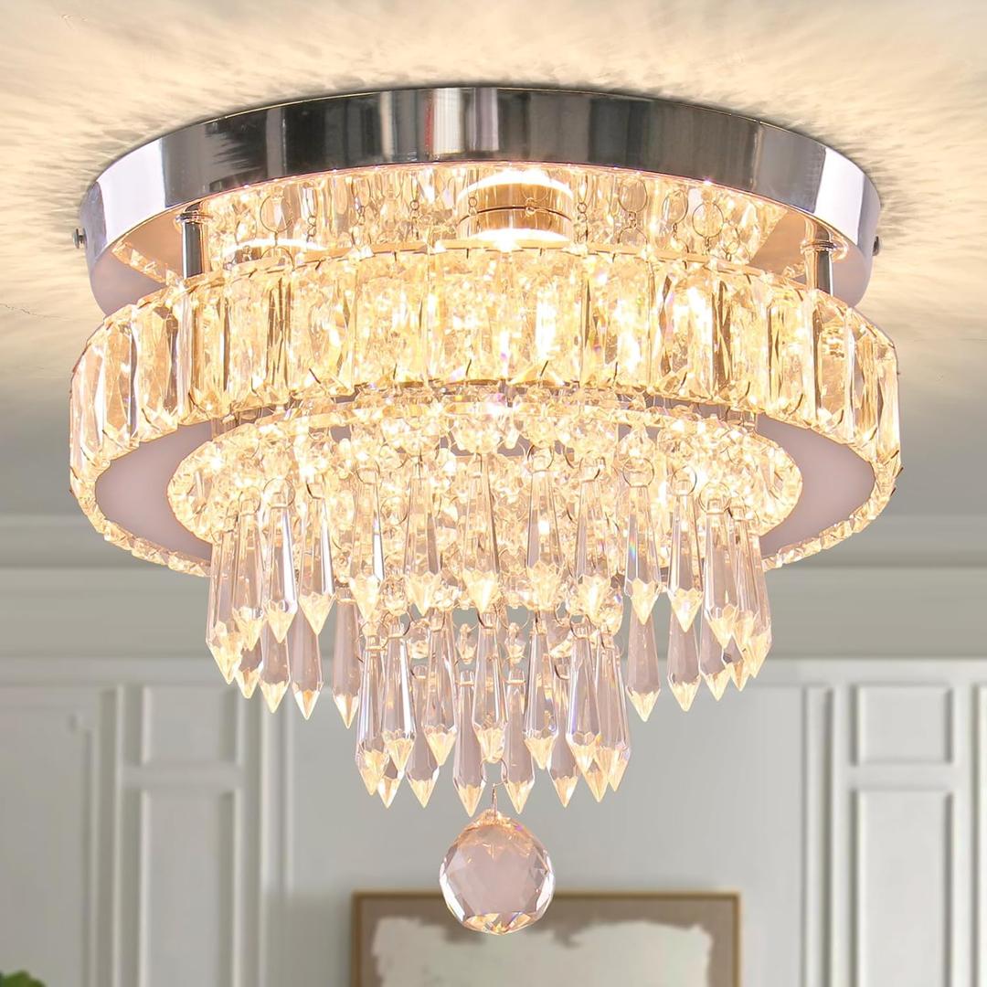 Modern Chandelier 11.8 inch Crystal LED Flush Mount Ceiling Light Fixtures Round Chandeliers for Dining Room Bedroom Living Room Kitchen (2700K Warm White)