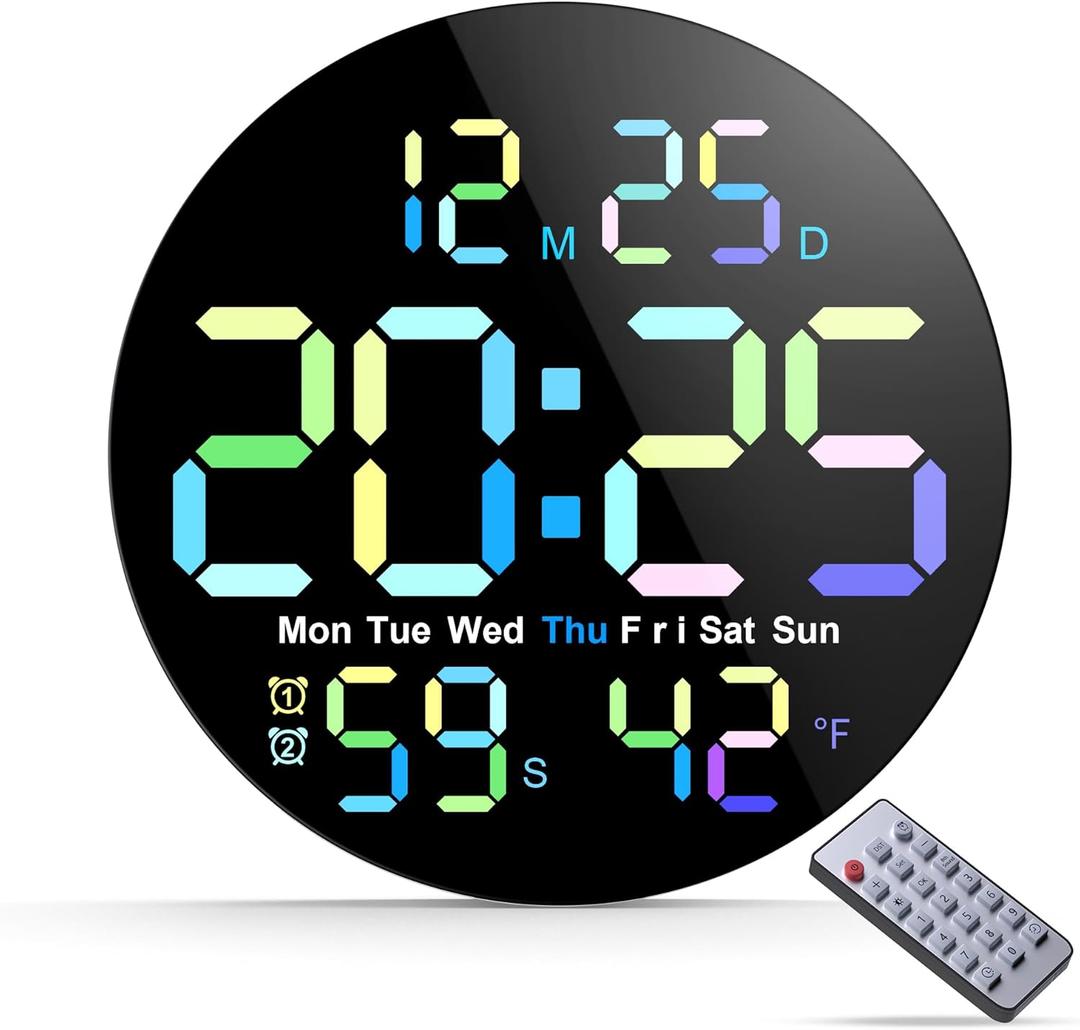 Large Digital Wall Clock, Digital Clock Large Display with Seconds Precision Display Auto Brightness Remote Control Timer Input Muteable Button, Digital Clock for for Living Room, Bedroom, Office (Static Colorful)