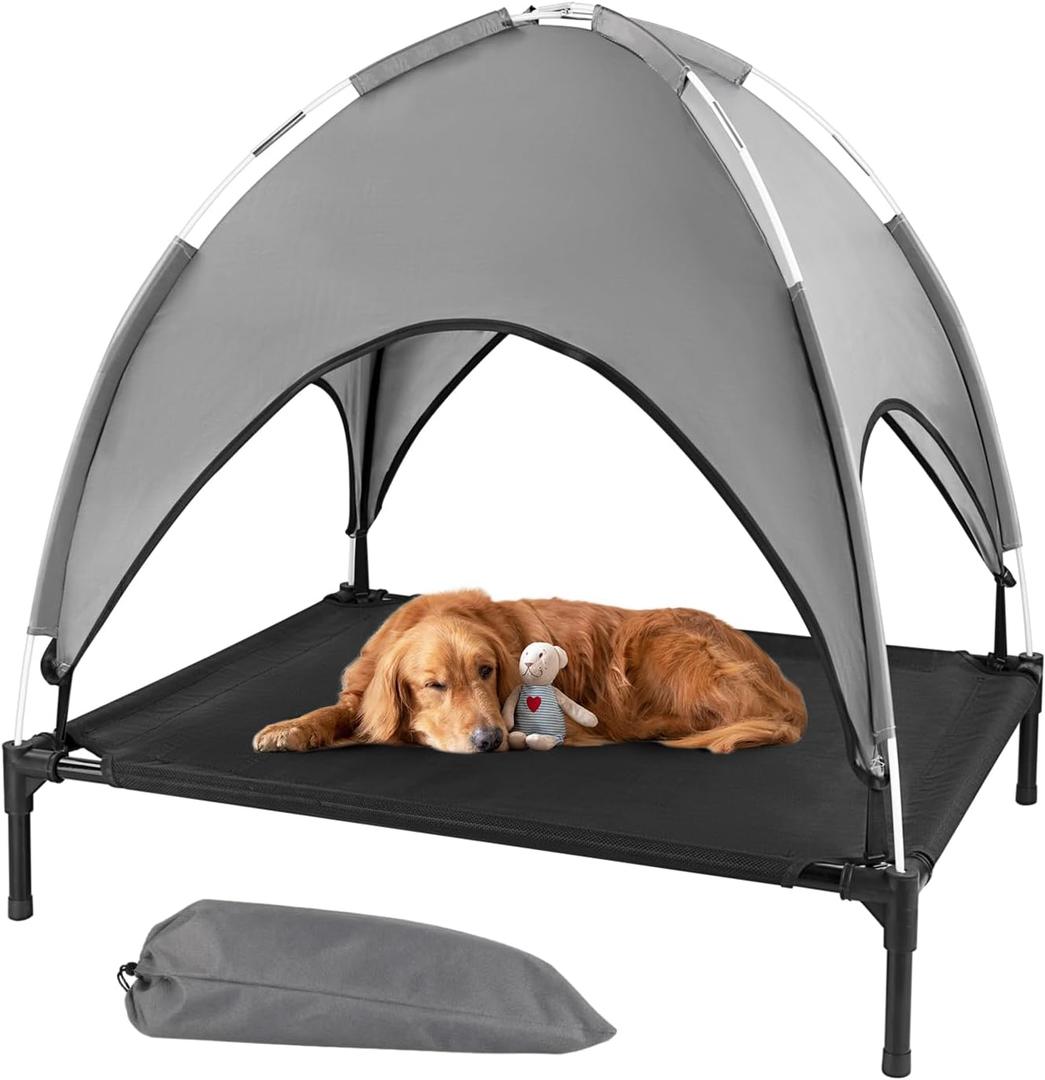 Elevated Outdoor Dog Bed with Canopy, Raised Dog Cot with Shade, Waterproof Dog Tent for Medium Small Dogs Portable Cooling Pet Bed with Breathable Mesh for Camping Beach, L