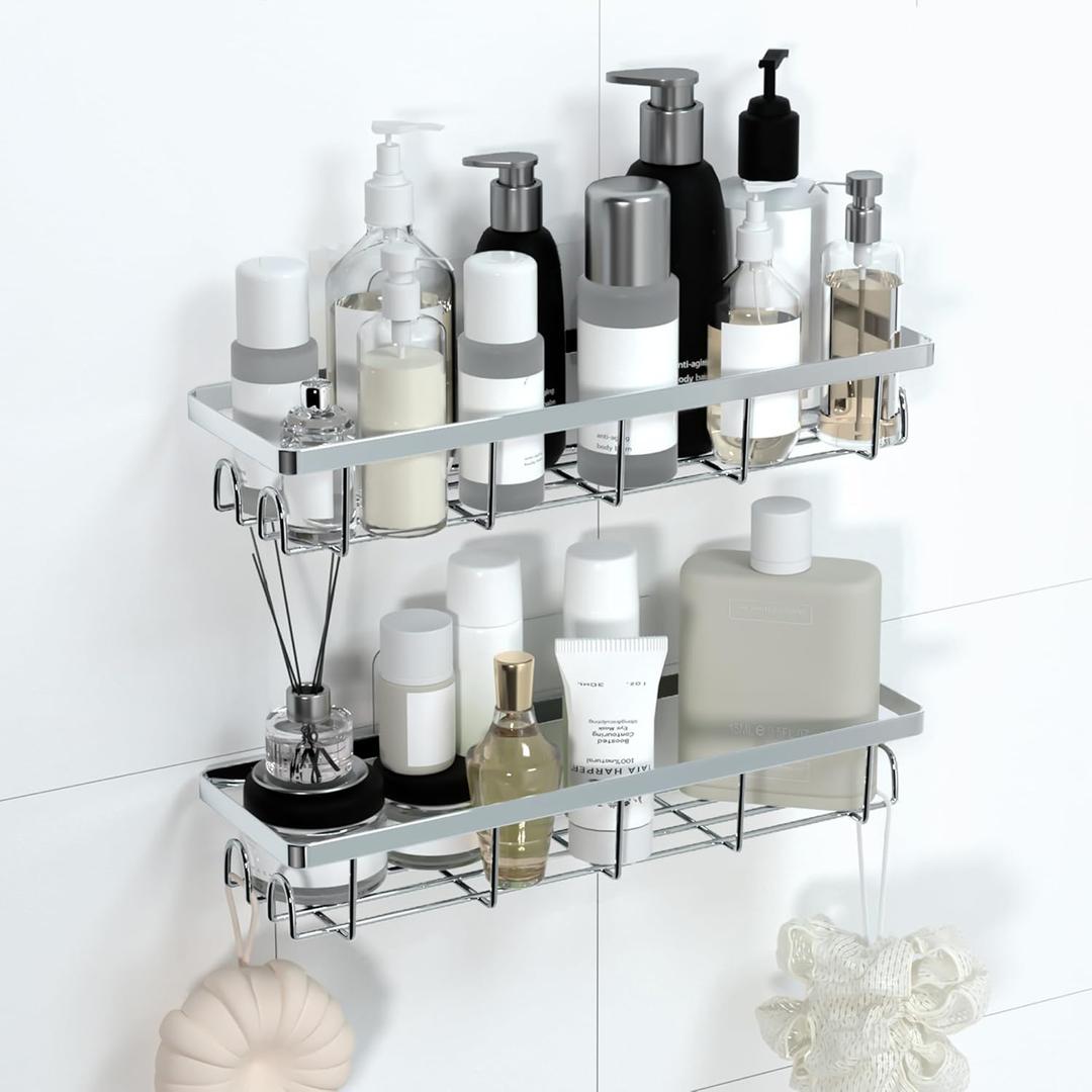Shower Caddy Organizer with Hooks,Self Adhesive Bathroom Shelves,No Drilling Bathroom Organizers and Storage,Perfect for RV, Apartment, Home Decor,2 Pack Silvery
