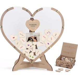 SELEAD Wedding Guest Book Alternative - Rustic Heart Drop Top Picture Frame Acrylic Sign with 80psc Wooden Hearts, Exquisite Box - Wedding Reception for Party Anniversary Birthday