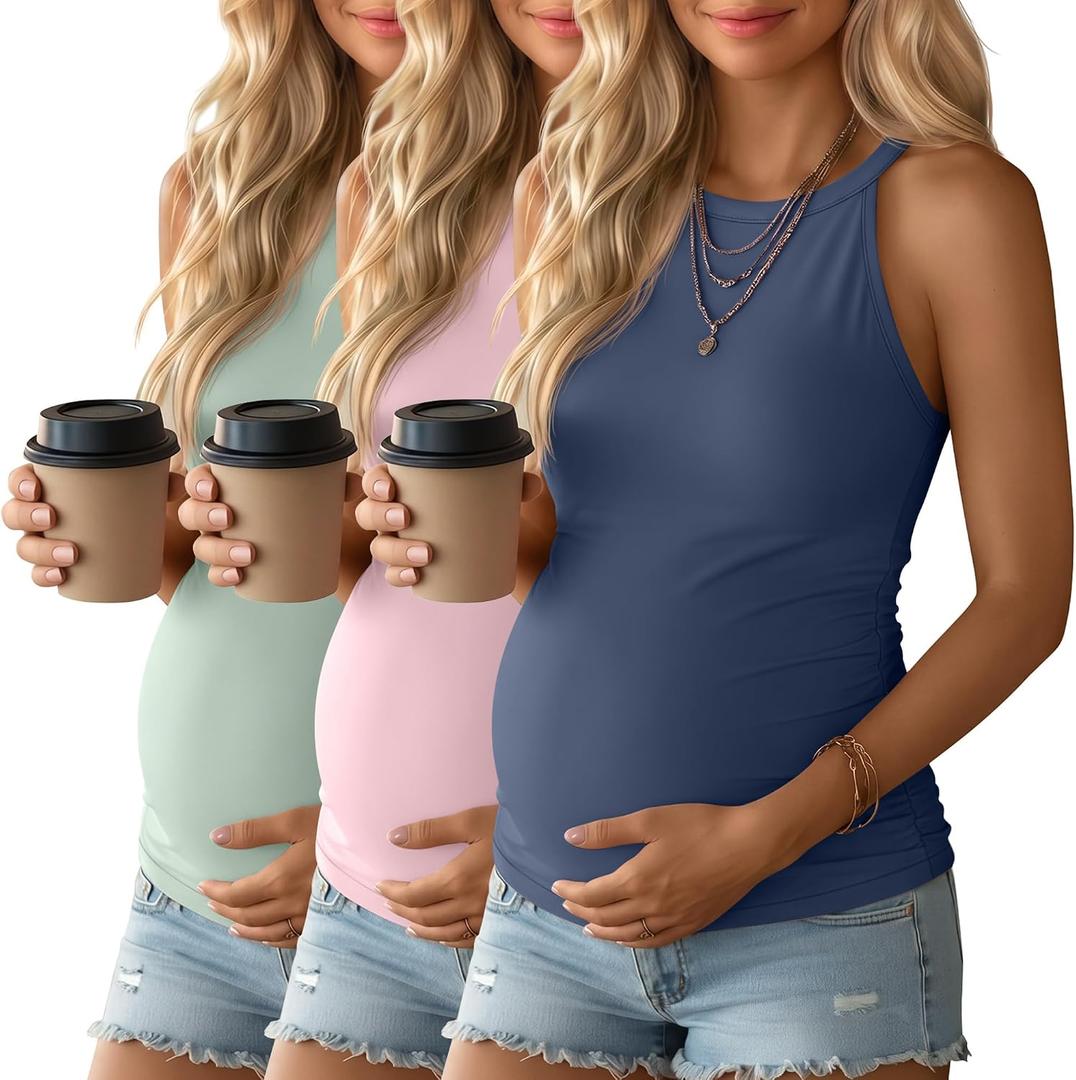 3 Pack Women's Maternity Tank Tops Halter Camisole Cotton Blend Side Ruched Sleeveless Summer Tops for Pregnancy (M)