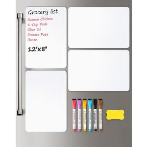 4 PACK Magnetic Dry Erase Board Sheet for Fridge, 12"x8" Erasable Refrigerator WhiteBoard w/ 6 Markers & 1 Eraser- Smooth and Flexible Small Magnet Blank Notepad for Home Kitchen Organizer and Planner