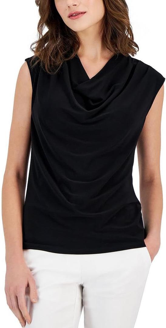 Anne Klein Womens Harmony Knit Cap Sleeve Cowl Neck Top Shirt, Asphalt, XX-Small US