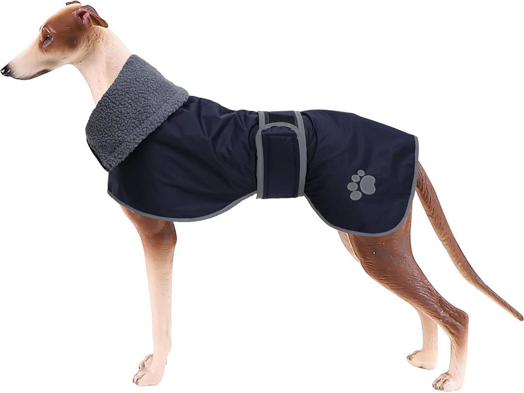 Geyecete Dog Winter Coat Greyhound Raincoat Fabric with Lamb Velvet Inside Outdoor Dog Apparel with Adjustable Bands for Medium, Large Dog-Navy-XS