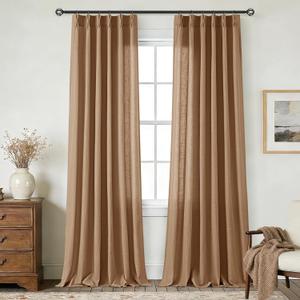 Pinch Pleated Linen Curtains 108 Inches Long for Living Room 2 Panels Set Natural Brown Triple Pleated Drapes for Track System Neutral Boho Ceiling Floor Length 108 Inch High Window Curtains 9 FT