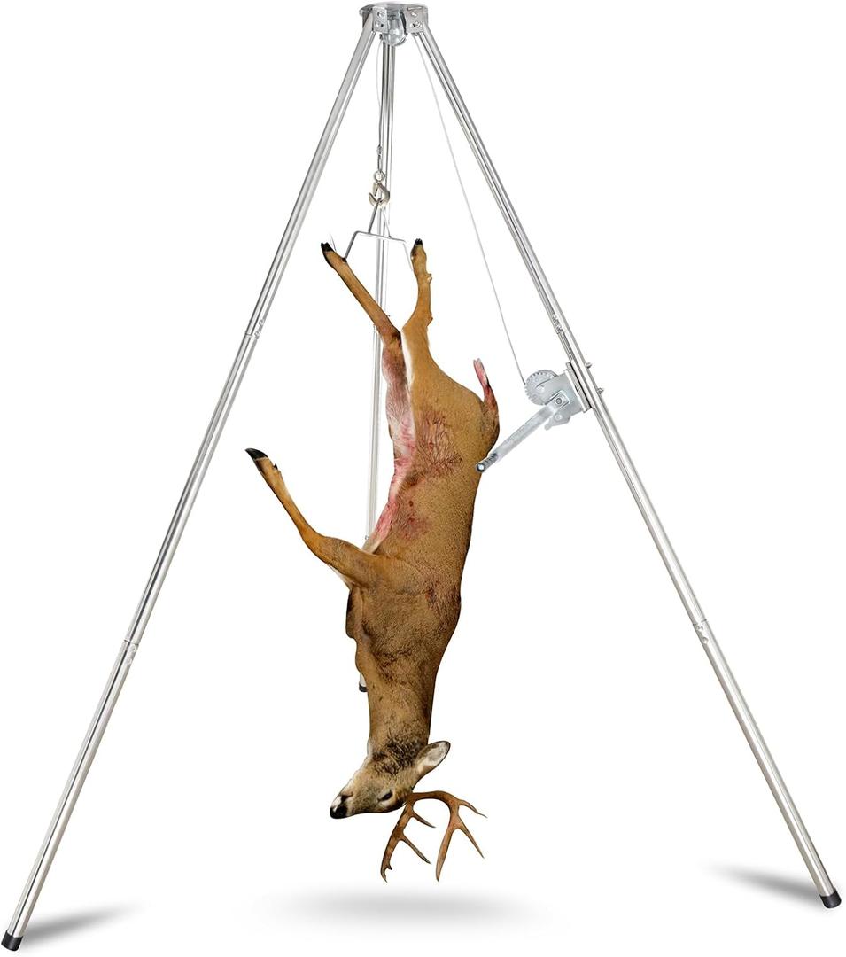 Deer Game Hoist Tripod Deer Hanger Stainless Steel Rack Stand for Hunting Processing Cleaning Hide Skinning with 500lb Capacity Gambrel and Manual Winch - Heavy Duty