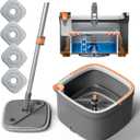 KZKR Spin Mop and Bucket Set with 4 Replaceable Microfiber Mop Pads with Self Separation Dirty and Clean Water System, Self Wringing 360 Rotating Square Mop Head for Hardwood Tile Marble Floors